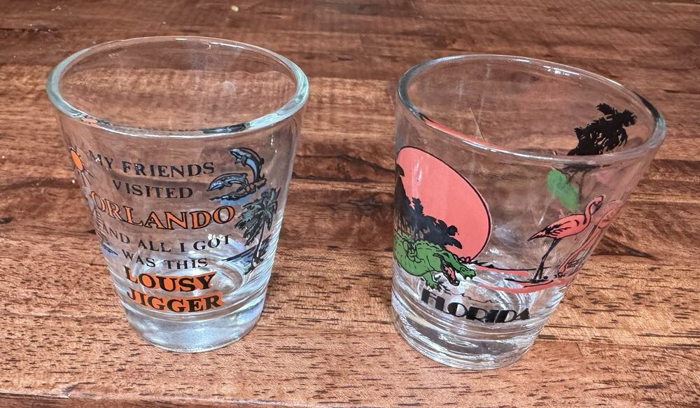Two Florida Shot Glasses - Pink Flamingo + Orlando